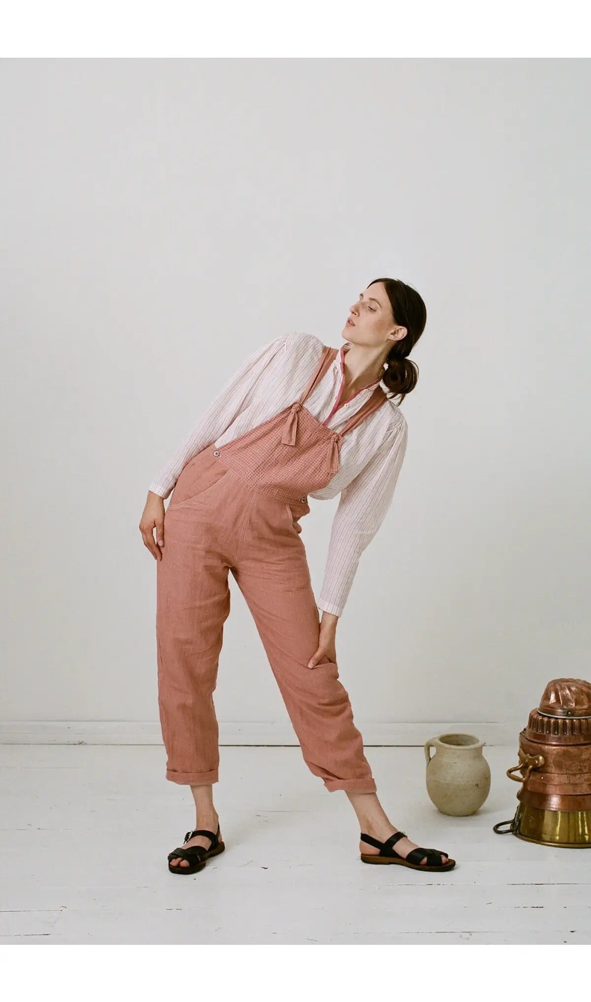 Handloom Linen Overalls in Pink Clay